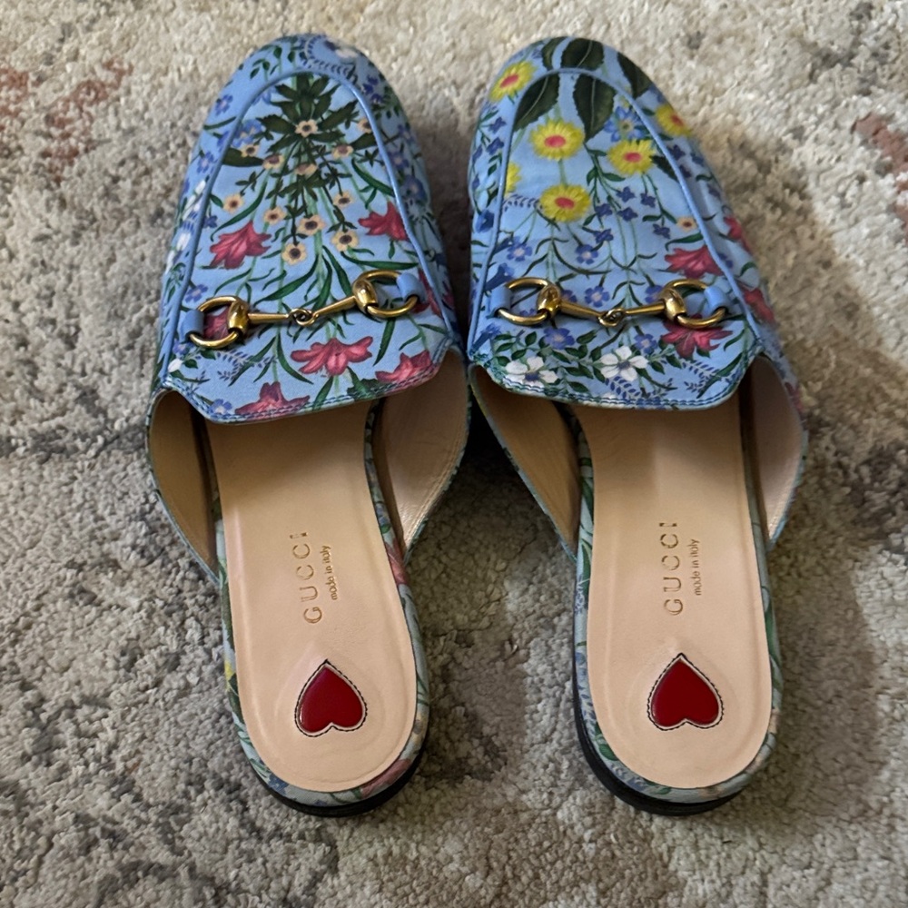 Gucci Women's Blue Floral Mules with Gold Accents